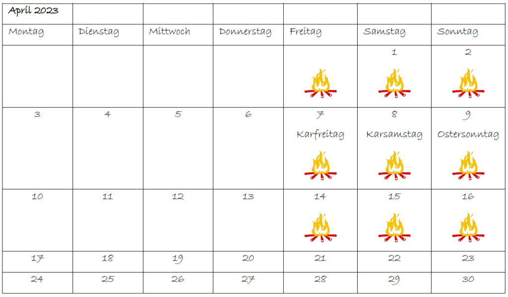 Kalenderbild veranschaulicht die Tage an denen Brauchtumsfeuer erlaubt ist.