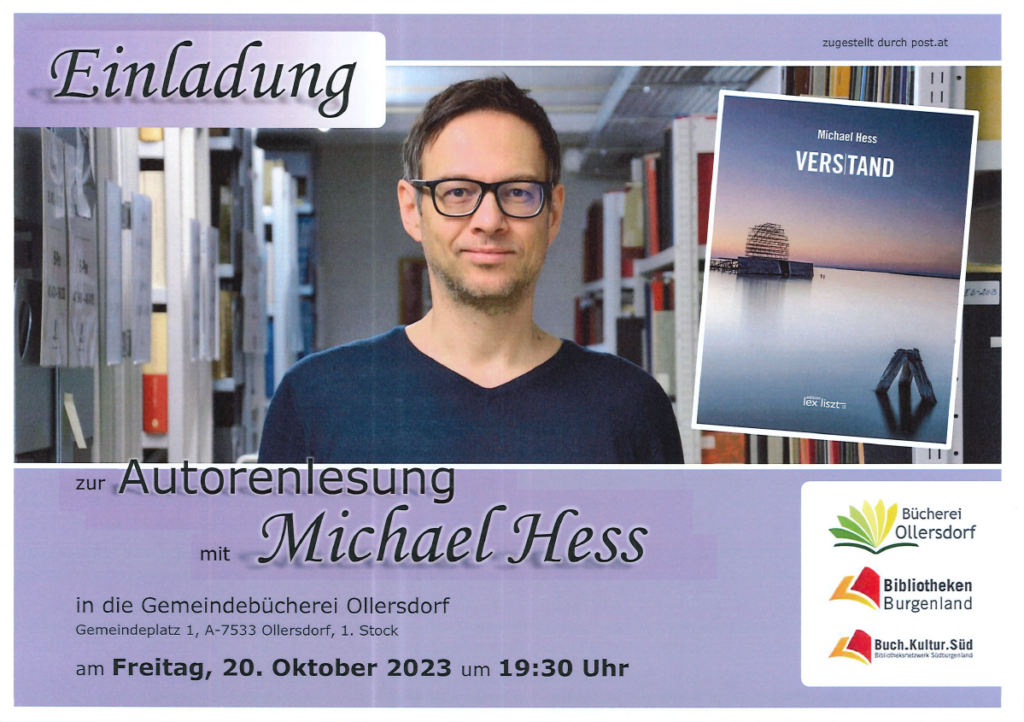 Flyer der Gemeindebücherei Ollersdorf zur Autorenlesung von Michael Hess Verstand